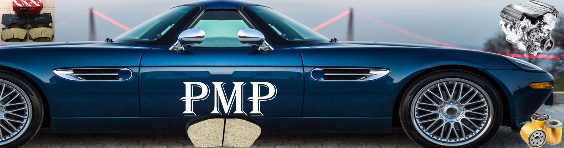 A vehicle displaying the letters PMP, parked near a collection of brake pads for cars.
